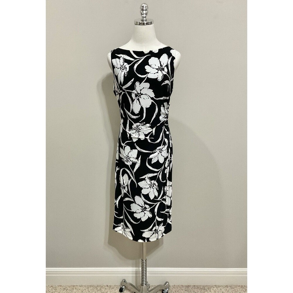 Lauren Ralph Lauren Black White Floral Ruched Sheath Dress Lined Sz 10